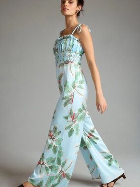 NWT Anthropologie Hutch Ruched Jumpsuit Size 4P Tropical Beach Boho Wide Leg